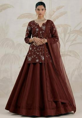 Brown Embroidered Silk Blend Lehenga Set