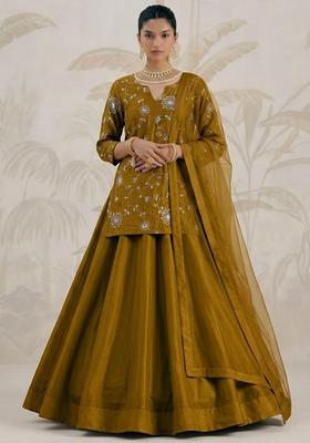 Olive Green Embroidered Silk Blend Lehenga Set