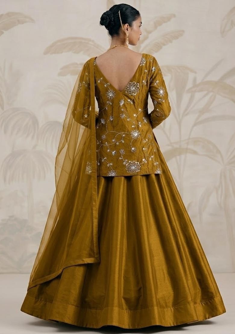 Olive Green Embroidered Silk Blend Lehenga Set - Indya