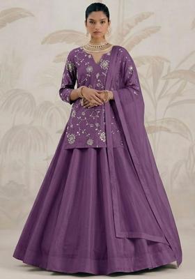 Purple Embroidered Silk Blend Lehenga Set