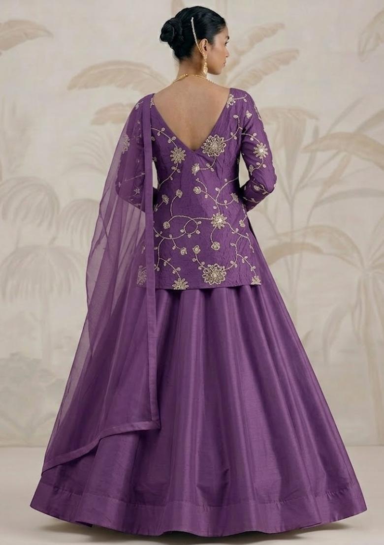 Purple Embroidered Silk Blend Lehenga Set - Indya