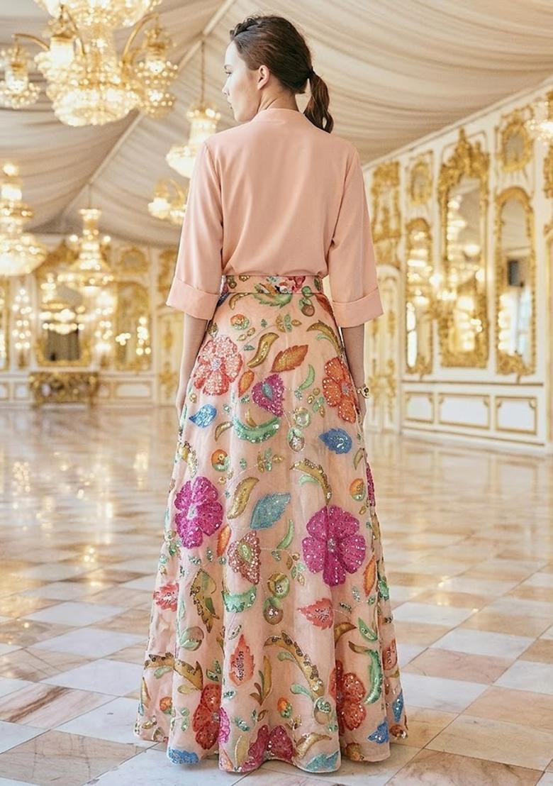 Peach Pink Printed Lehenga Set - Indya