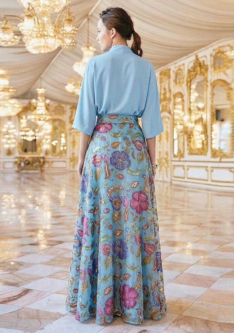 Light Blue Printed Lehenga Set - Indya