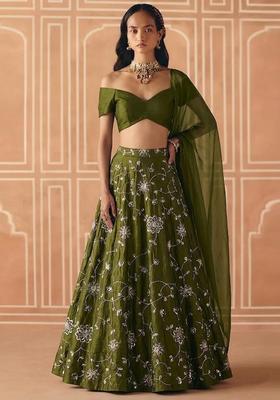 Olive Green Embroidered Silk Blend Lehenga Set