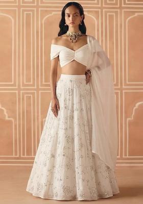 White Embroidered Silk Blend Lehenga Set