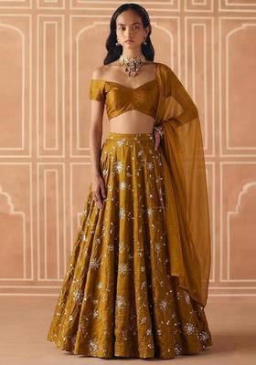 Olive Green Embroidered Silk Blend Lehenga Set