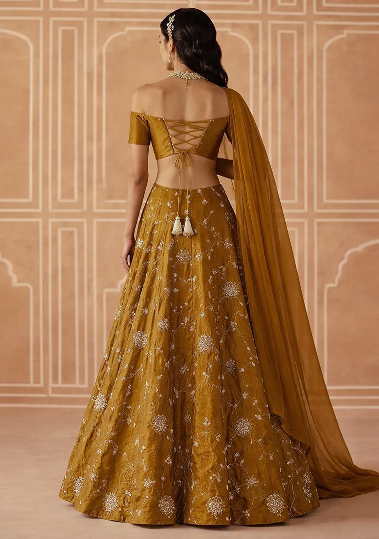 Olive Green Embroidered Silk Blend Lehenga Set - Indya
