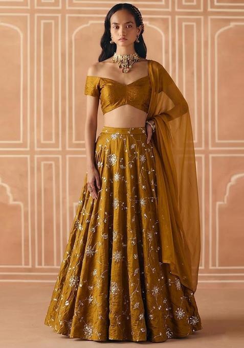 Olive Green Embroidered Silk Blend Lehenga Set