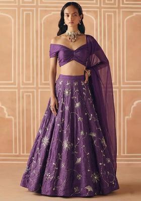 Purple Embroidered Silk Blend Lehenga Set