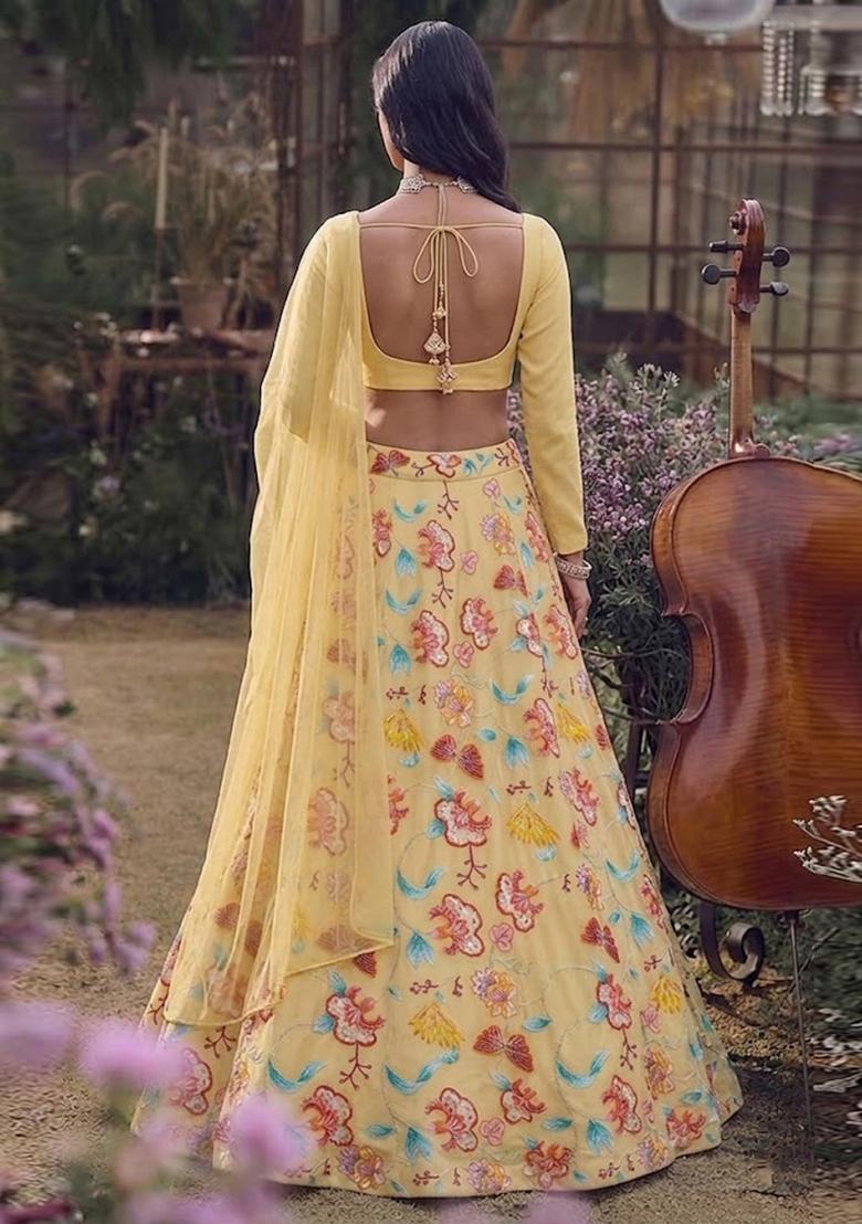Pastel Yellow Printed Chinon Lehenga Set - Indya