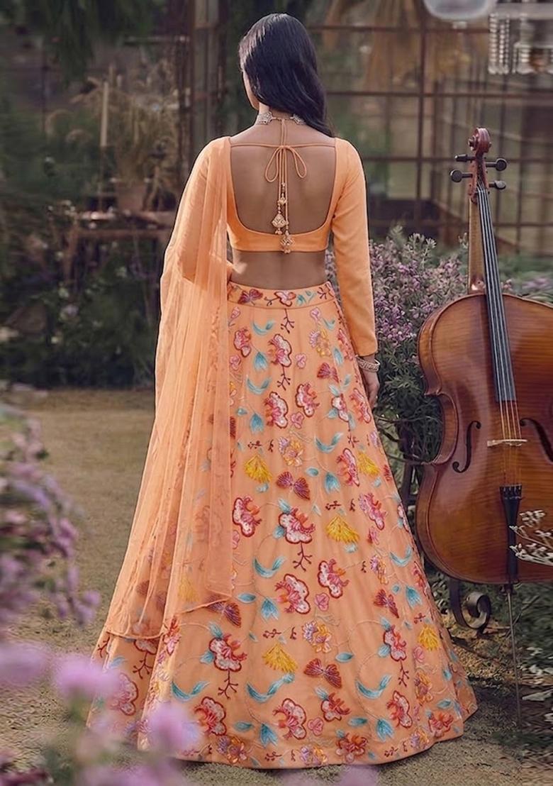 Peach Printed Chinon Lehenga Set - Indya