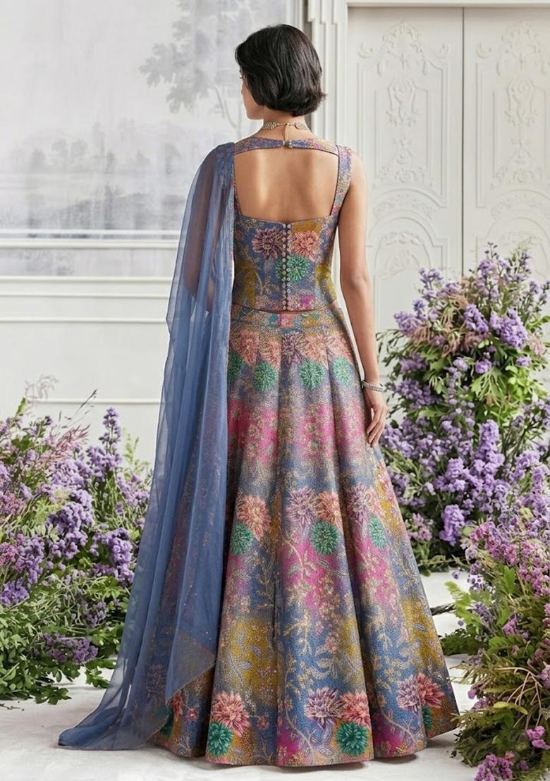 Midnight Blue Printed Crepe Lehenga Set - Indya