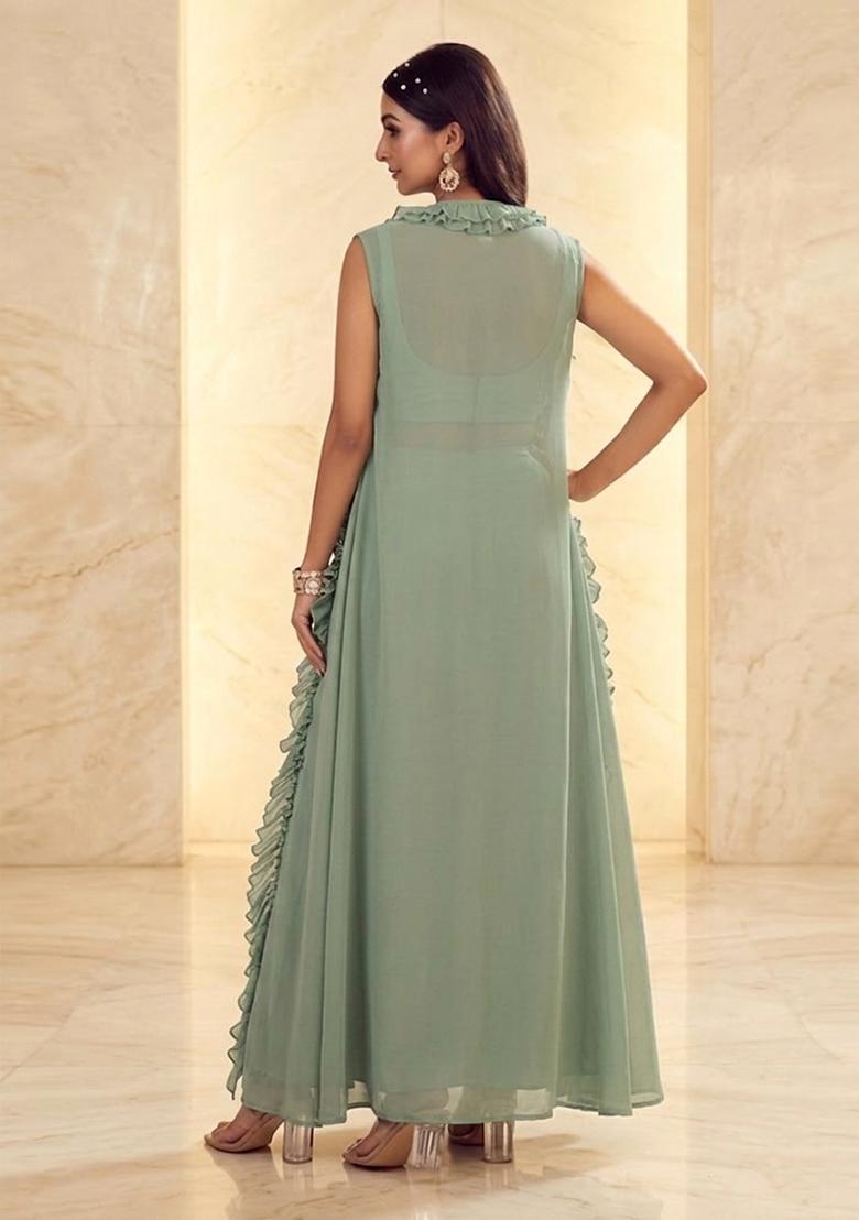Mint Green Embroidered Handwork Fusion Set - Indya
