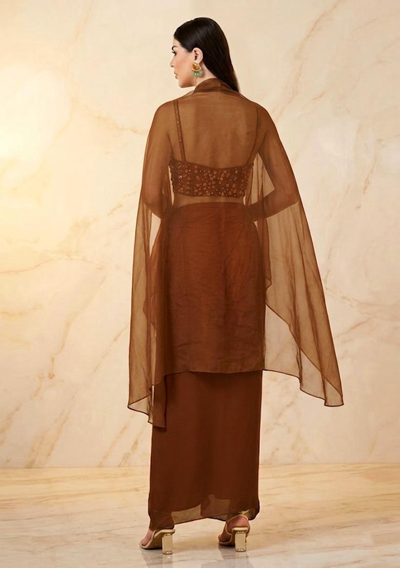 Chocolate Brown Embroidered Handwork Fusion Set - Indya