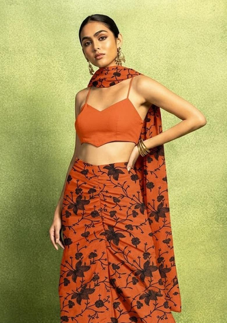 Orange Embroidered Chanderi Fusion Set - Indya