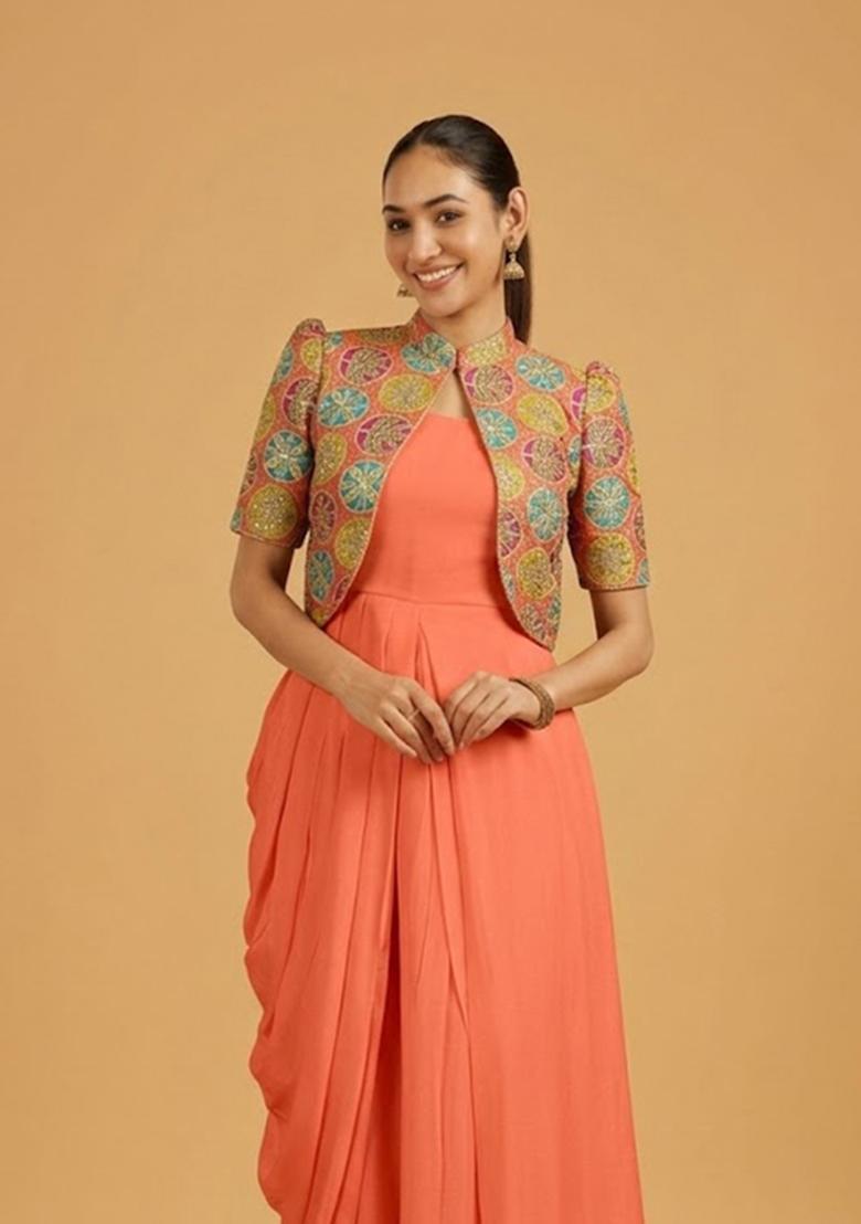 Coral Orange Printed Tissue Fusion Set - Indya