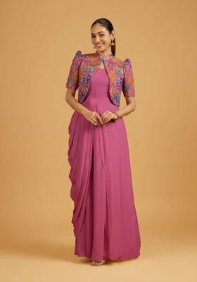 Pink Printed Crepe Fusion Set