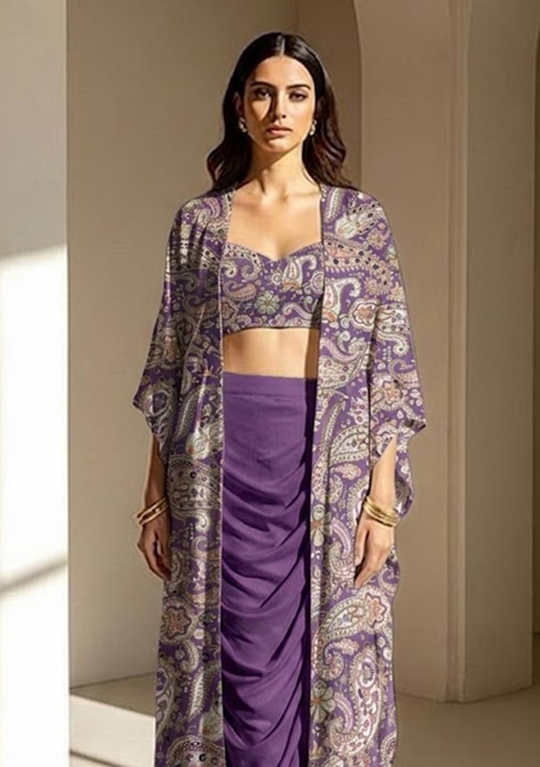 Purple Printed Crepe Fusion Set - Indya