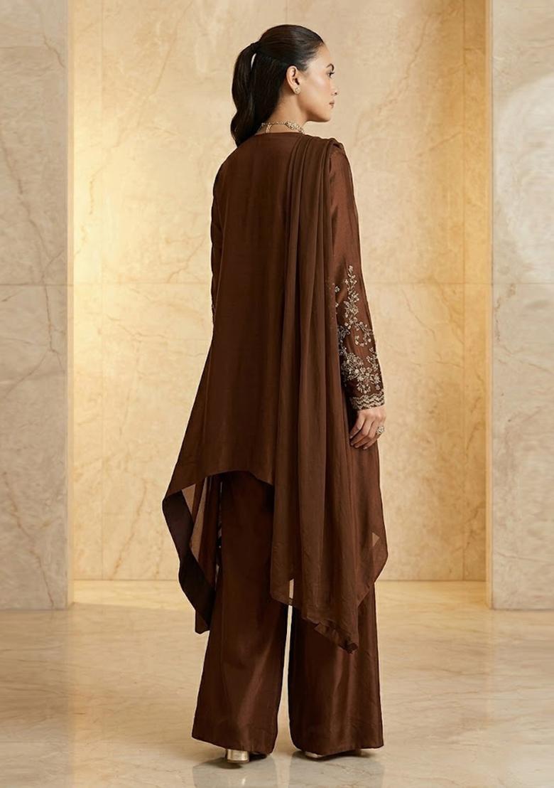 Chocolate Brown Embroidered Handwork Fusion Set - Indya