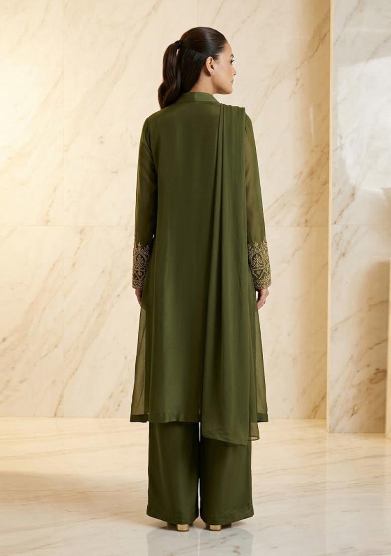 Olive Green Embroidered Handwork Fusion Set - Indya