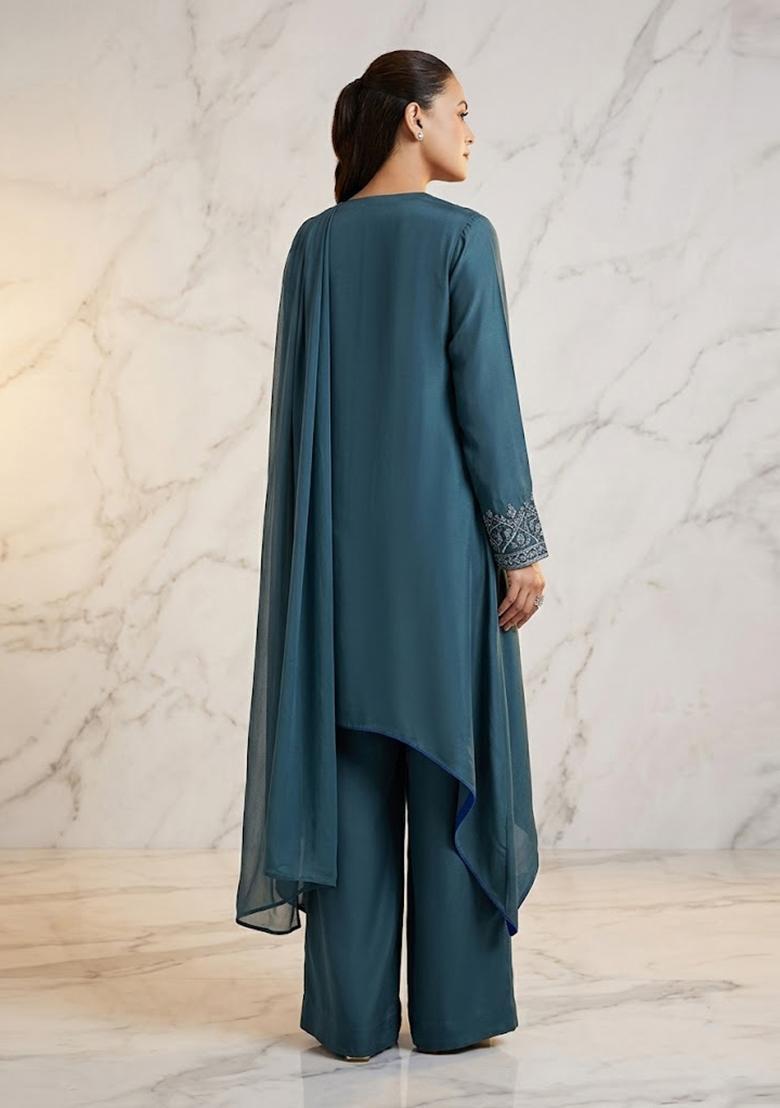 Dusty Blue Embroidered Handwork Fusion Set - Indya