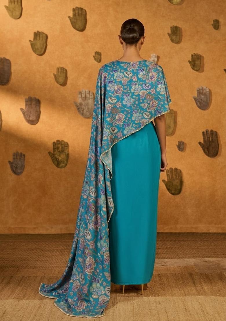 Sky Blue Printed Chanderi Fusion Set - Indya
