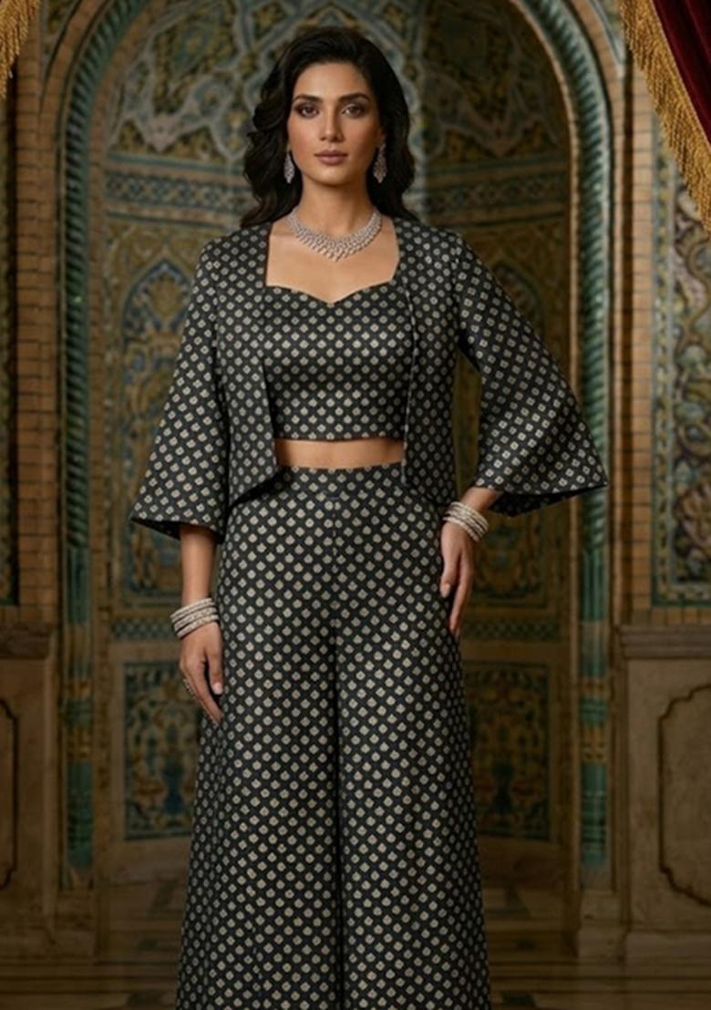 Charcoal Black Brocade Fusion Set - Indya