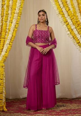 Magenta Pink Embroidered Crepe Fusion Set