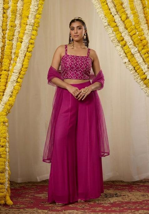 Magenta Pink Embroidered Crepe Fusion Set