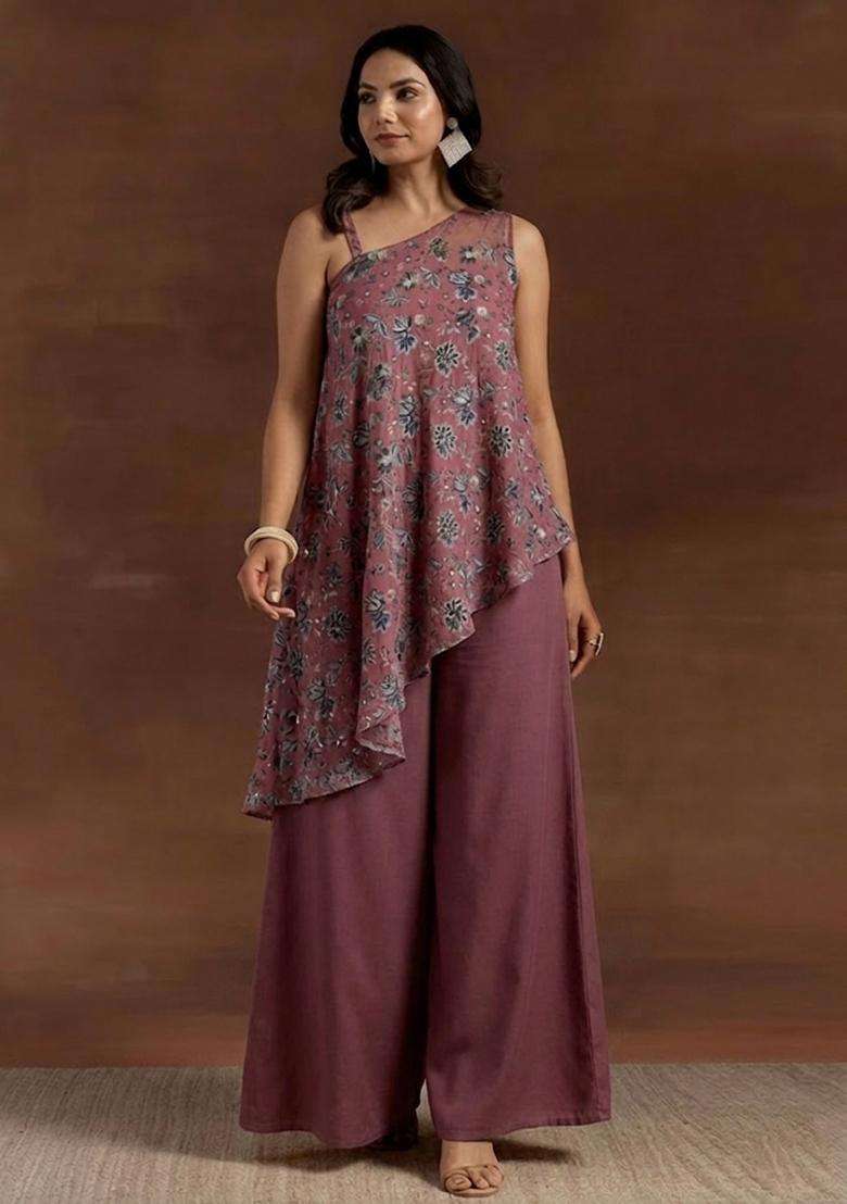 Dusty Pink Printed Crepe Fusion Set - Indya