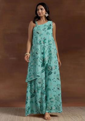 Mint Blue Printed Crepe Fusion Set
