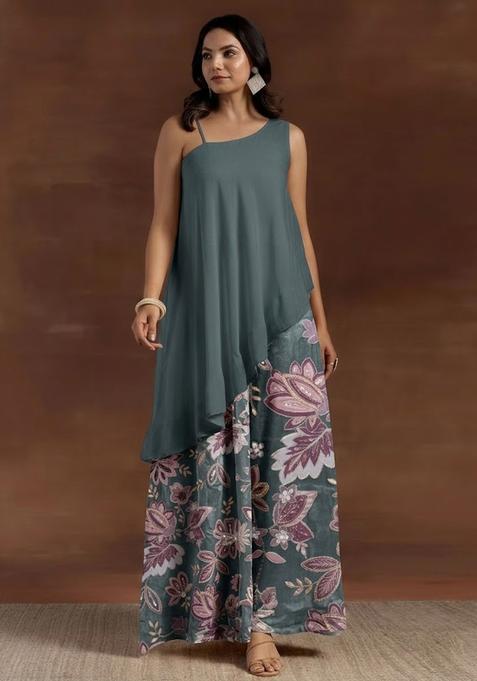 Grey Printed Crepe Fusion Set