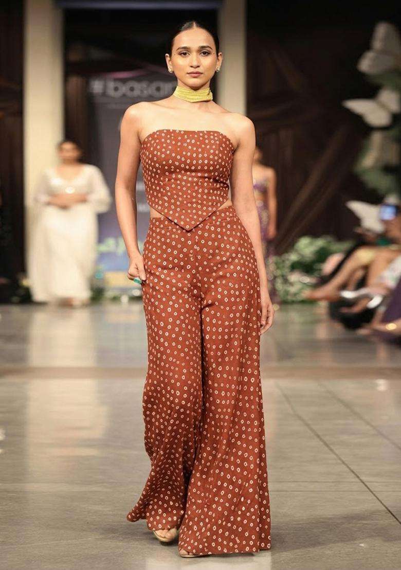 Rust Brown Printed Crepe Fusion Set - Indya