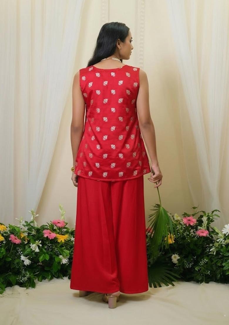 Ruby Red Brocade Sharara Set - Indya