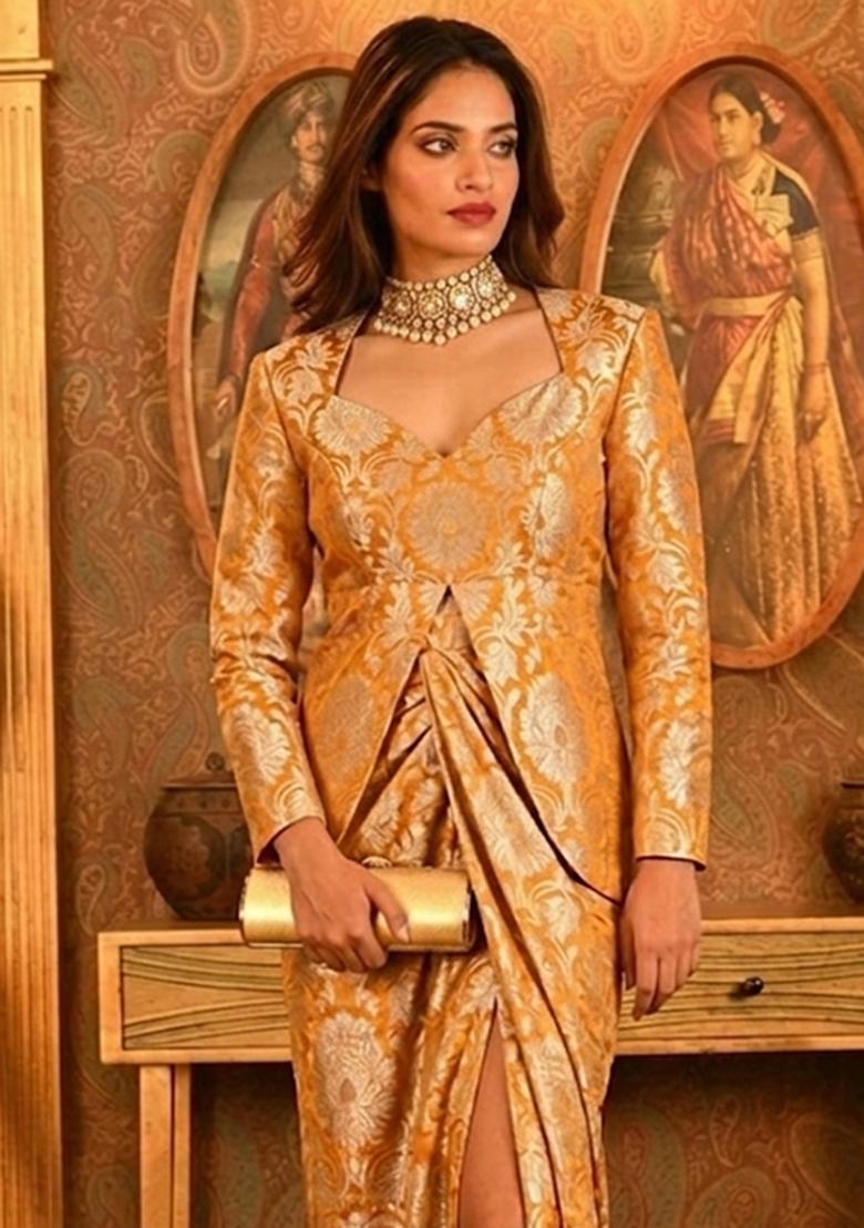 Mustard Yellow Brocade Fusion Set - Indya