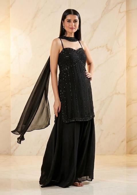 BlackEmbroidered Handwork Sharara Set