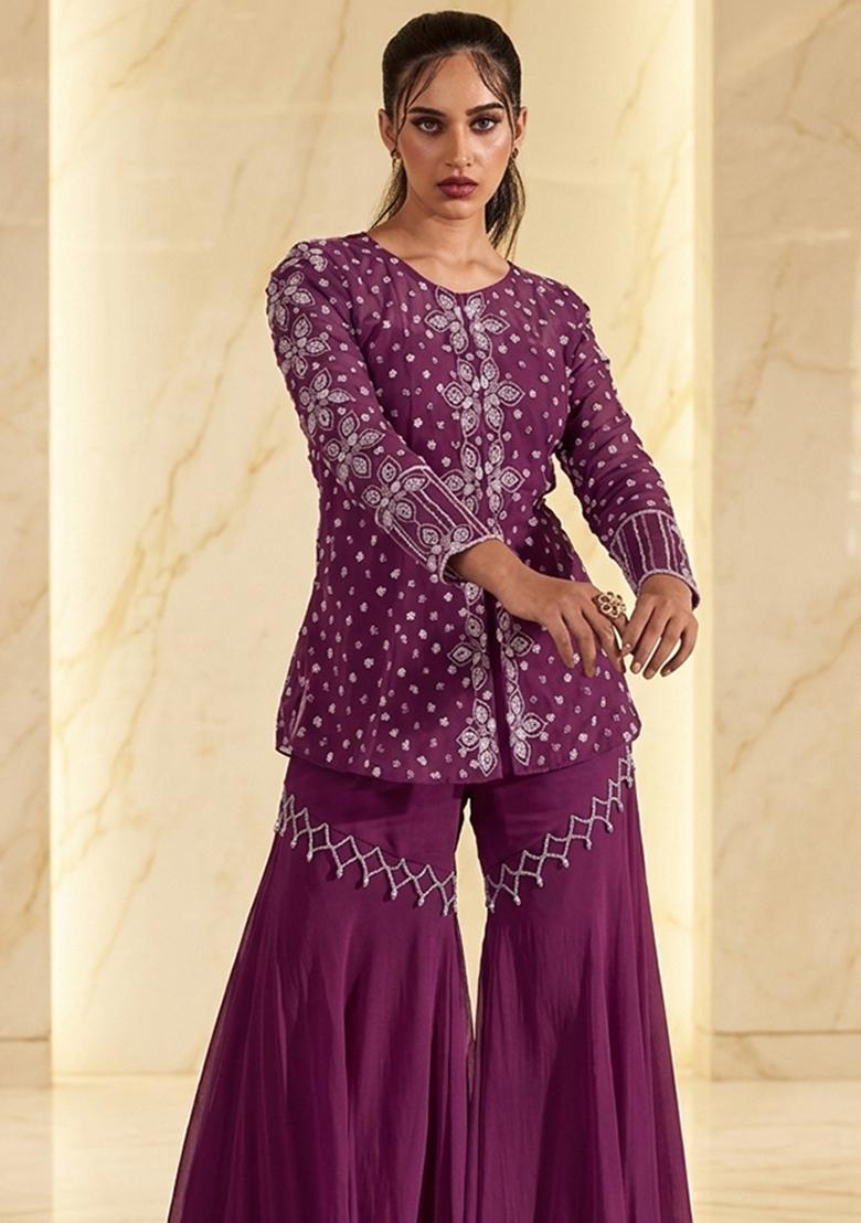 Magenta Purple Embroidered Handwork Fusion Set - Indya