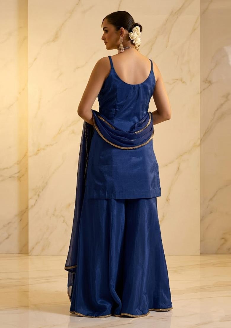 Royal Blue Embroidered Handwork Sharara Set - Indya