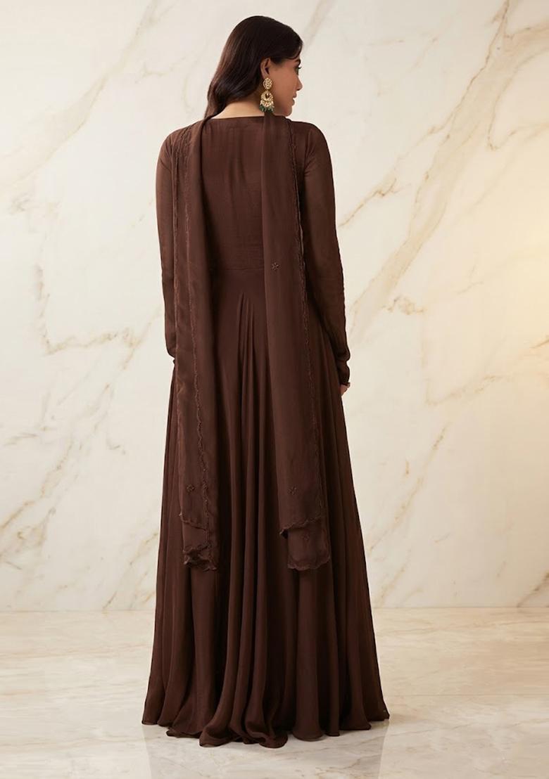 Dark Chocolate Embroidered Handwork Anarkali with Dupatta - Indya