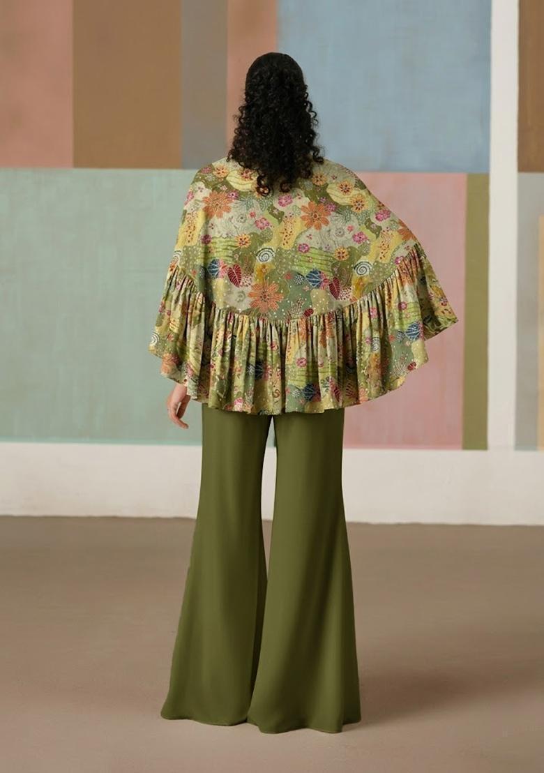 Olive Green Printed Crepe Fusion Set - Indya