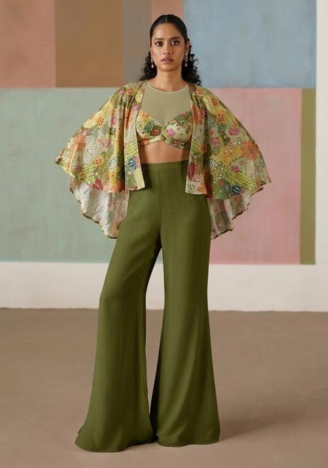 Olive Green Printed Crepe Fusion Set