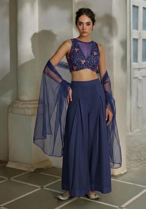 Deep Plum Embroidered Net Fusion Set