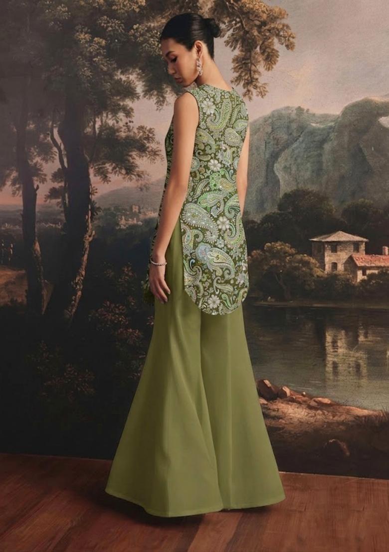 Olive Green Printed Crepe Fusion Set - Indya
