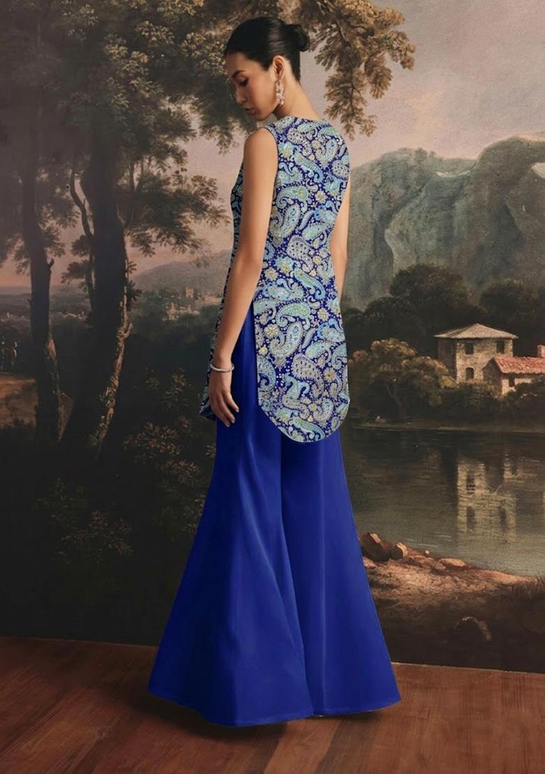 Royal Blue Printed Crepe Fusion Set - Indya