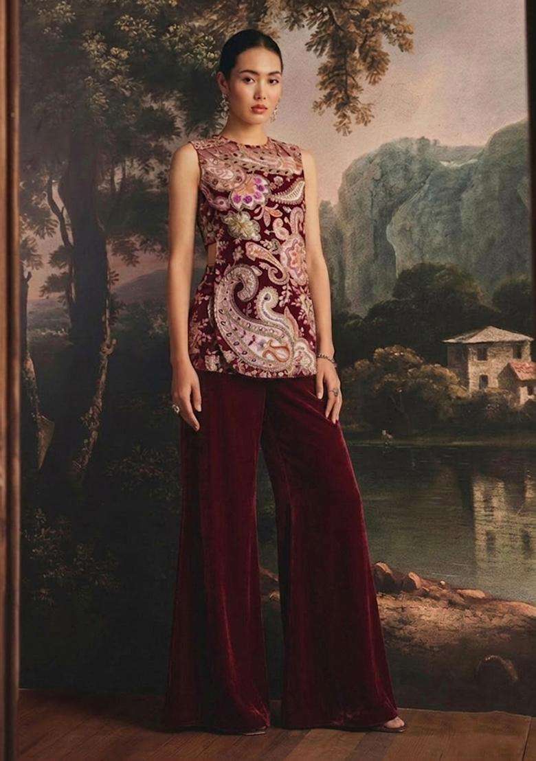 Burgundy Printed Crepe Fusion Set - Indya