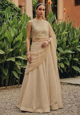 Beige Mirror Georgette Lehenga Set