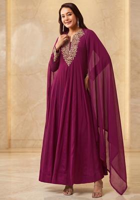 Magenta Purple Embroidered Handwork Anarkali with Dupatta