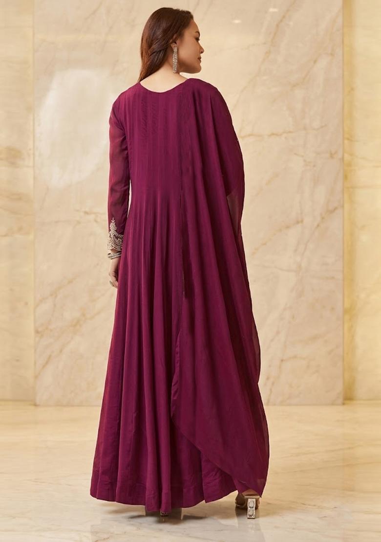 Magenta Purple Embroidered Handwork Anarkali with Dupatta - Indya