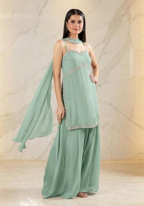 Sage Green Embroidered Handwork Sharara Set