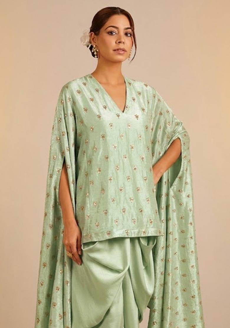 Mint Green Embroidered Silk Blend Fusion Set - Indya